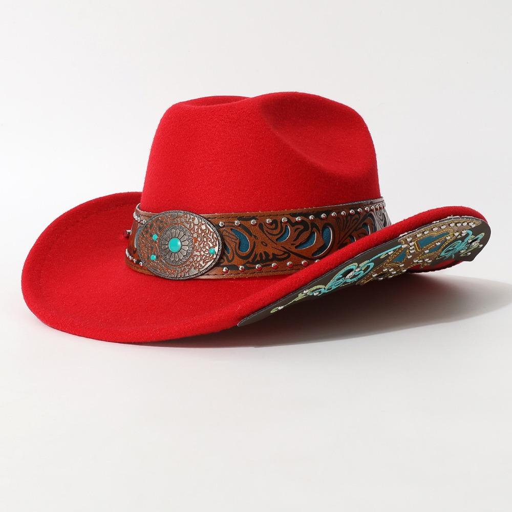 Turquoise Decor Wide Brim Sun Hat Embossed Band Cowgirl Hat Stage Performance Hat For Women Man