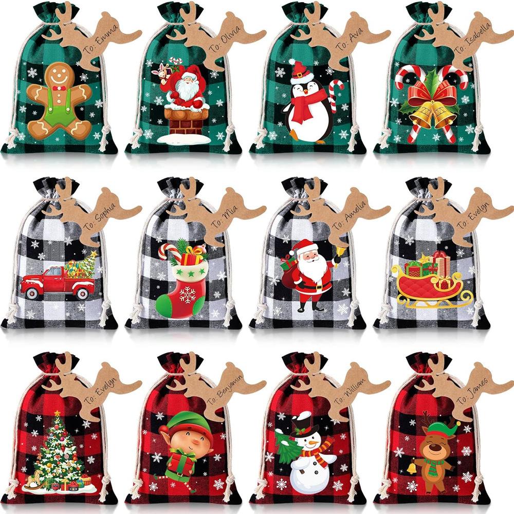 12pcs Christmas Gift Bag Set with Drawstring Closure Christmas Linen Bag Cloth Bag Christmas Candy Bag