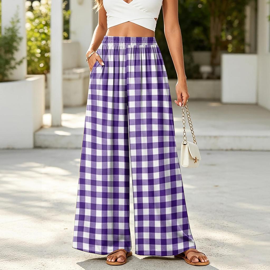 Women High Waist Wide Leg Pants Elastic Waistband Plaid Print Loose Fit Trousers with Pockets Casual Relaxed Style for Daily Wear