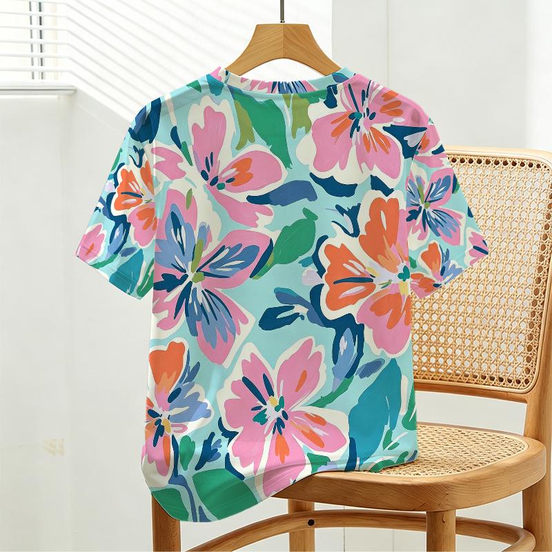 Women's Basic Short Sleeve Crew Neck T-Shirt Minimalist Floral Series, Soft Fabric Loose Fit, Versatile for Daily & Home Casual Wear