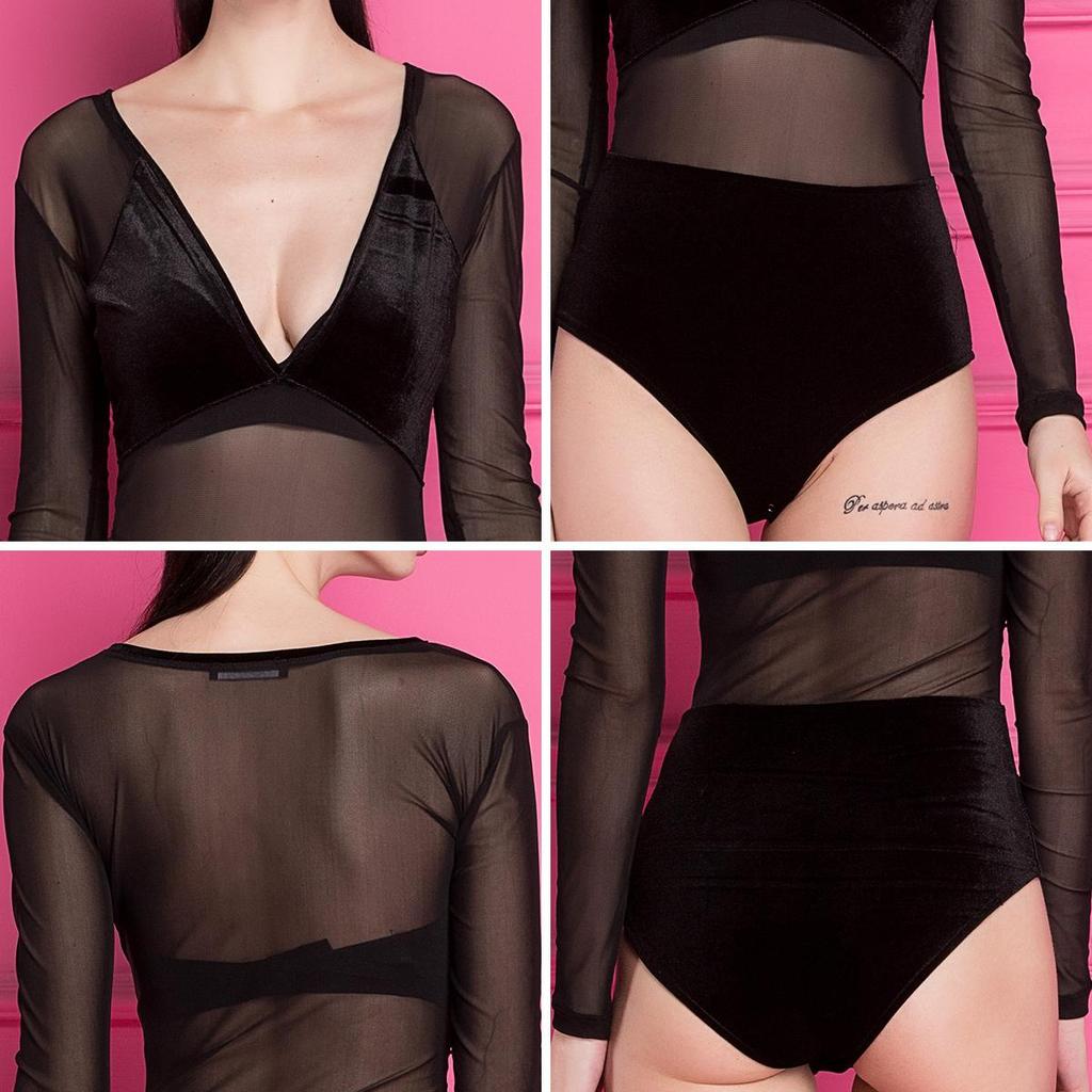 Monos ajustados sexis de verano para mujer, mono informal de malla de manga larga con retales, negro SL
