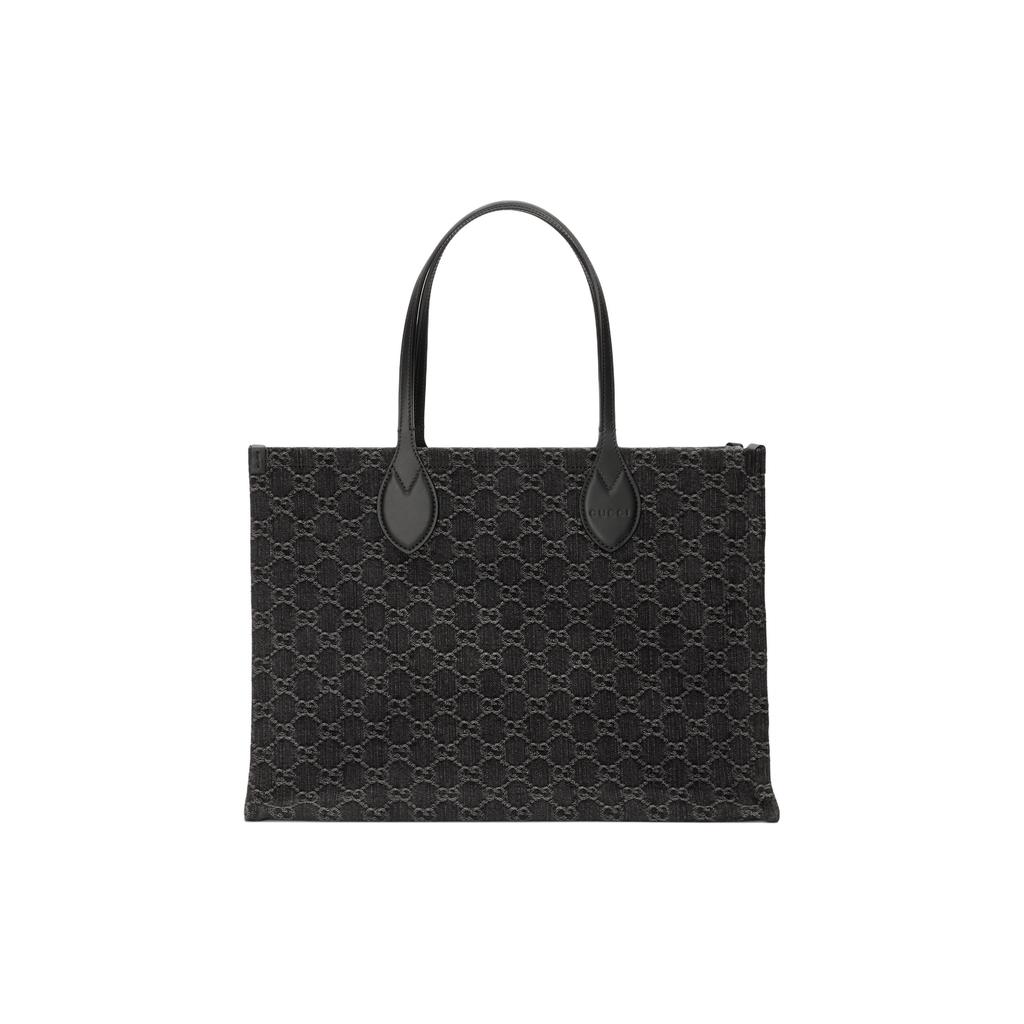 Gucci Ophidia Double G Logo Detachable Shoulder Strap Denim And Leather Trimmed Tote Bag Women Tote Bags Black Gray 772184-FAC2F-8450