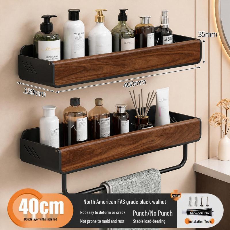 Walnut Corner Bathroom Shelf for Cosmetics, No-Drill Triangle Stand.
