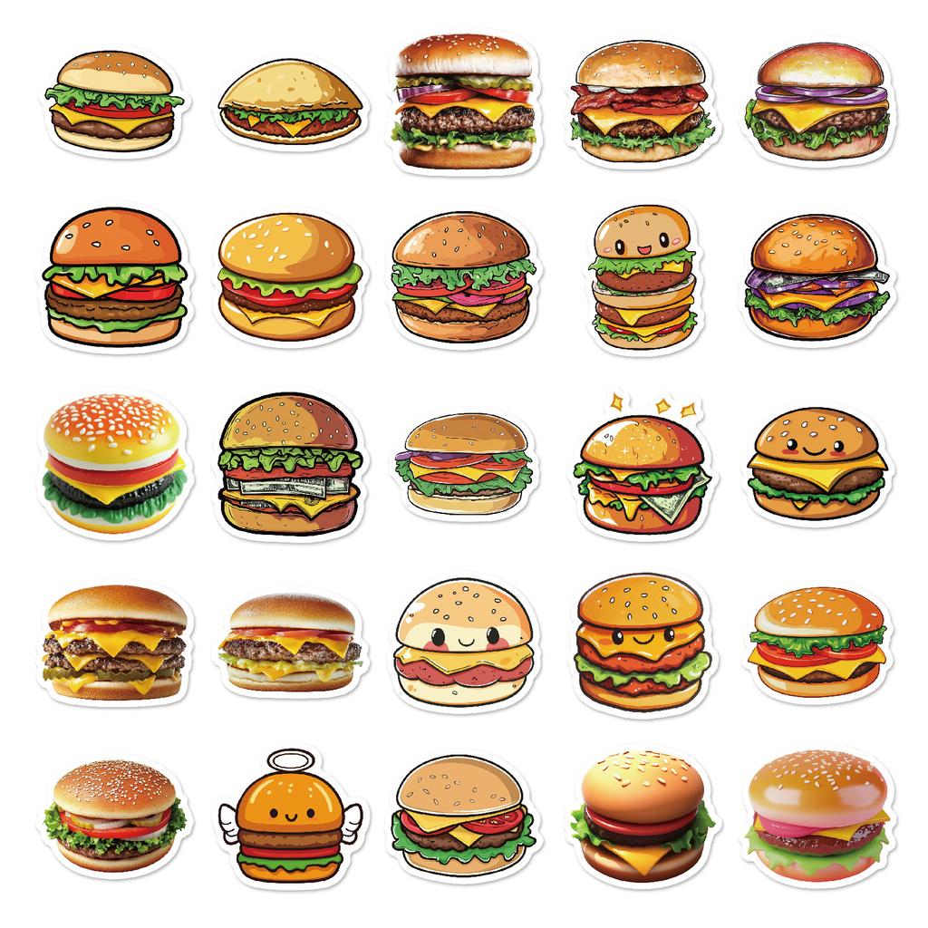 50Pcs Cute Cartoon Burger Stickers – Waterproof Reusable Decals for Luggage, Laptop, Journal