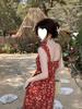 French Red Floral Spaghetti Strap Summer Dress - Women's 2024 Beach Vacation Long Dress