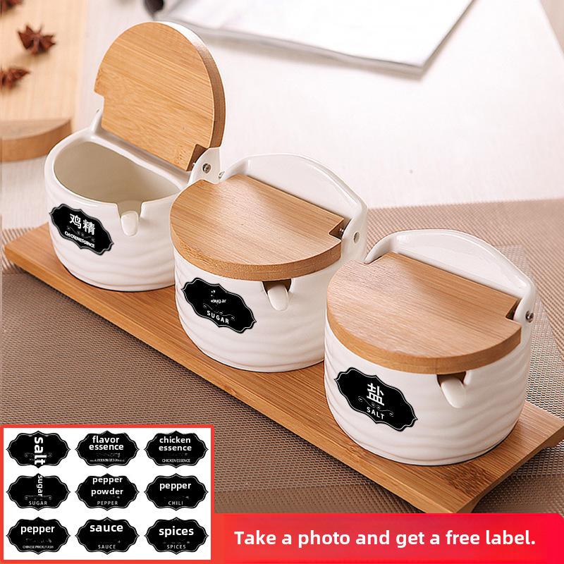 Kitchen Supplies Ceramic Seasoning Jar Three-Piece Set Creative White Seasoning Box Bamboo Flip-Top Seasoning Bottle Sugar Jar Salt Jar