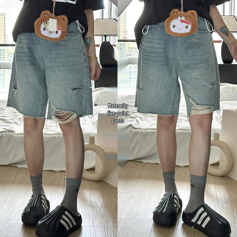 Maternity Retro Washed Blue Distressed Wide-Leg Denim Capri Shorts M