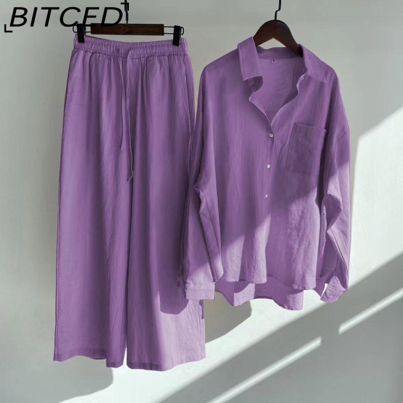 BITCED Women's 2-piece Vintage Plus-size Cotton and Linen Shirt Set High-waisted Loose Trousers