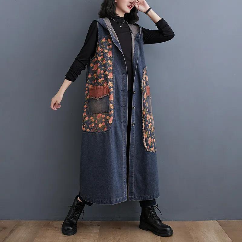 Women Autumn Sleeveless Big Pockets Vintage Print Jacket Hooded Design Loose Denim Jeans Vest Ladies Outerwear