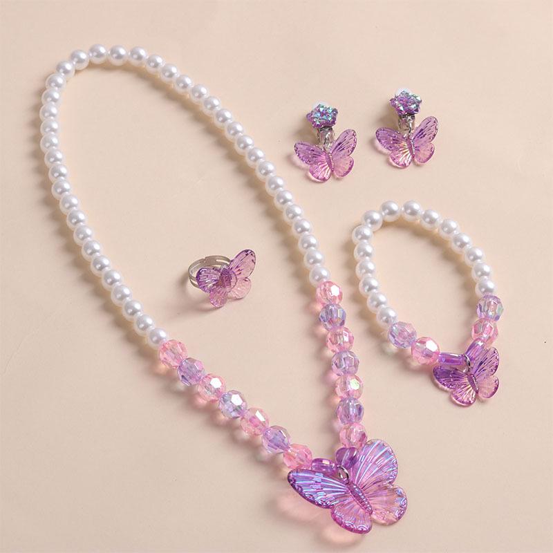 Süßes Cartoon-Schmetterling-Perlen-Schmuckset für Mädchen: Halskette, Armband, Ohrringe