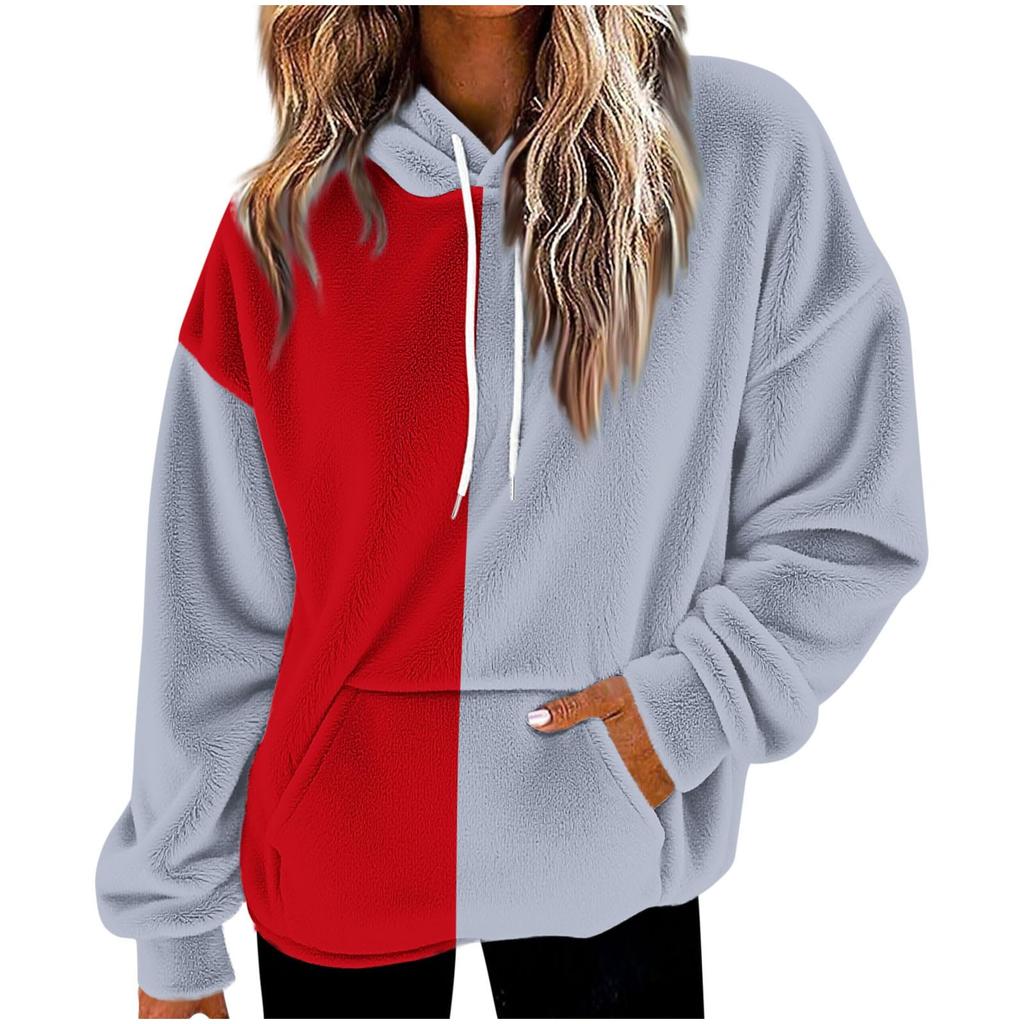 Unisex Color Block Hoodie with Pockets - Long Sleeve Flannel Pullover