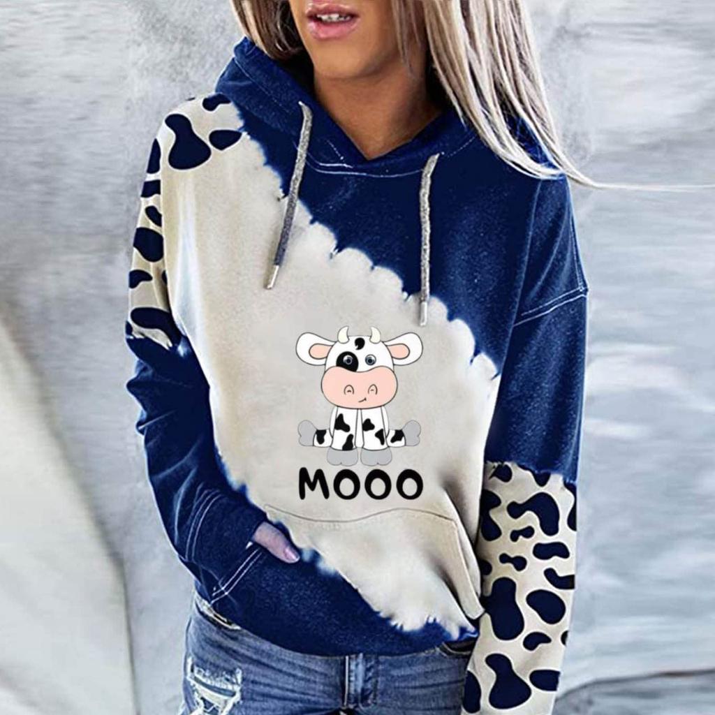 Women's Cute Cow Print Sweatshirt Long Sleeve Hooded Casual Tops Shirts