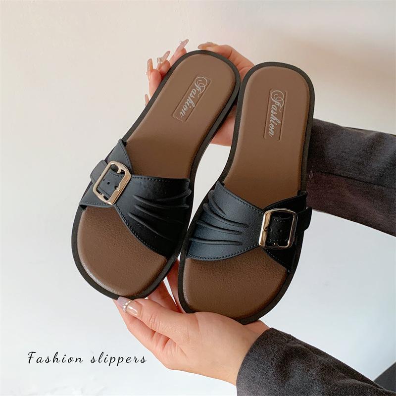 Women s Square-Toe Buckle Slide Sandals Faux Leather Flat Casual Slippers 36 чёрный