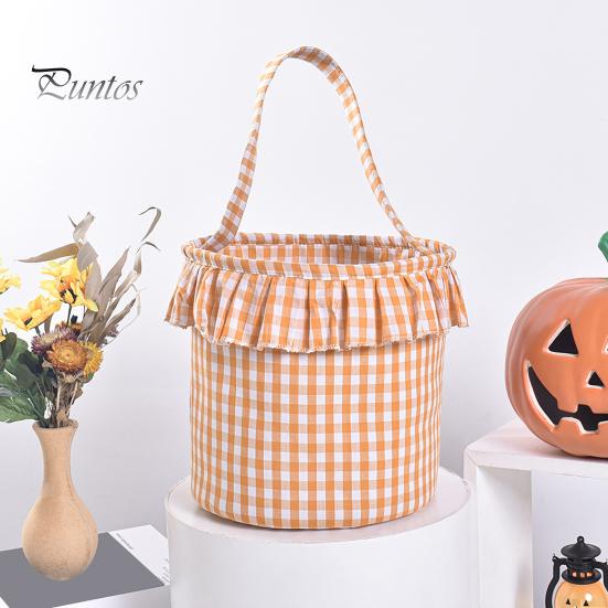 Easter Egg Hunt Carriers Halloween Basket, Plaid Ruffle Trick or Treat Candy Bucket with Handle Celebration Accessories for Kids, Reusable Gingham