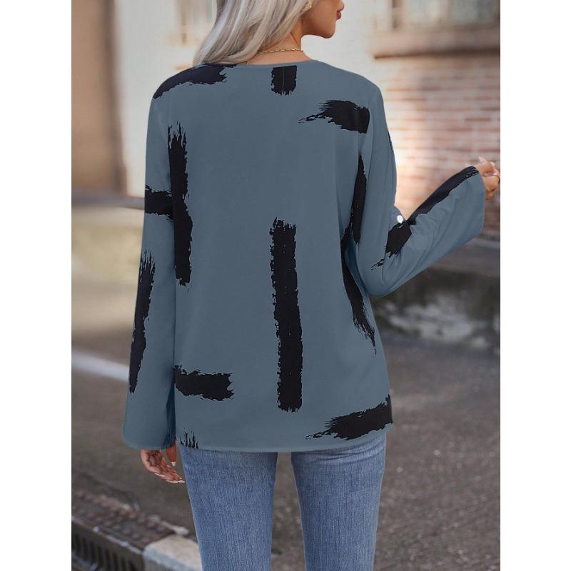 Women Black White Abstract Print V Neck Roll Tab Long Sleeve Casual Blouse