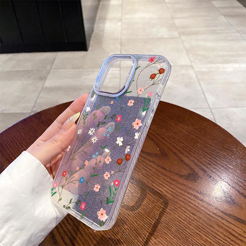 Fresh glitter, small floral summer mobile phone case, Apple 17 transparent anti-drop protective case, iPhone15pm is super beautiful.