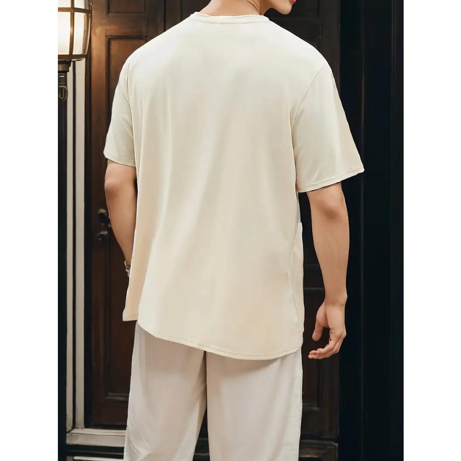 Coconut Tree Sketch Pattern Pure Cotton Crew Neck And Short Sleeve T-shirt, Men's Summer Fashion Tee, Casual And Trendy Tops For Daily Outerwear