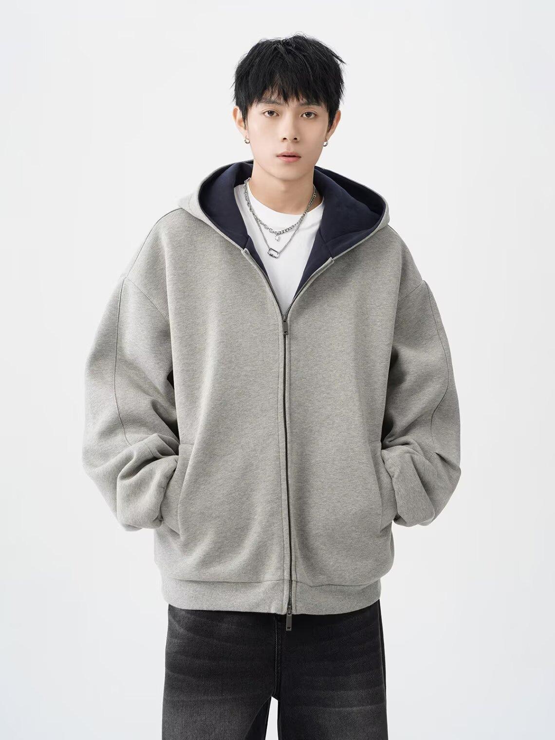 Мужская модная тяжелая толстовка с капюшоном на двойной молнии, осень 2025: Универсальный повседневный кардиган 3XL светло-серый