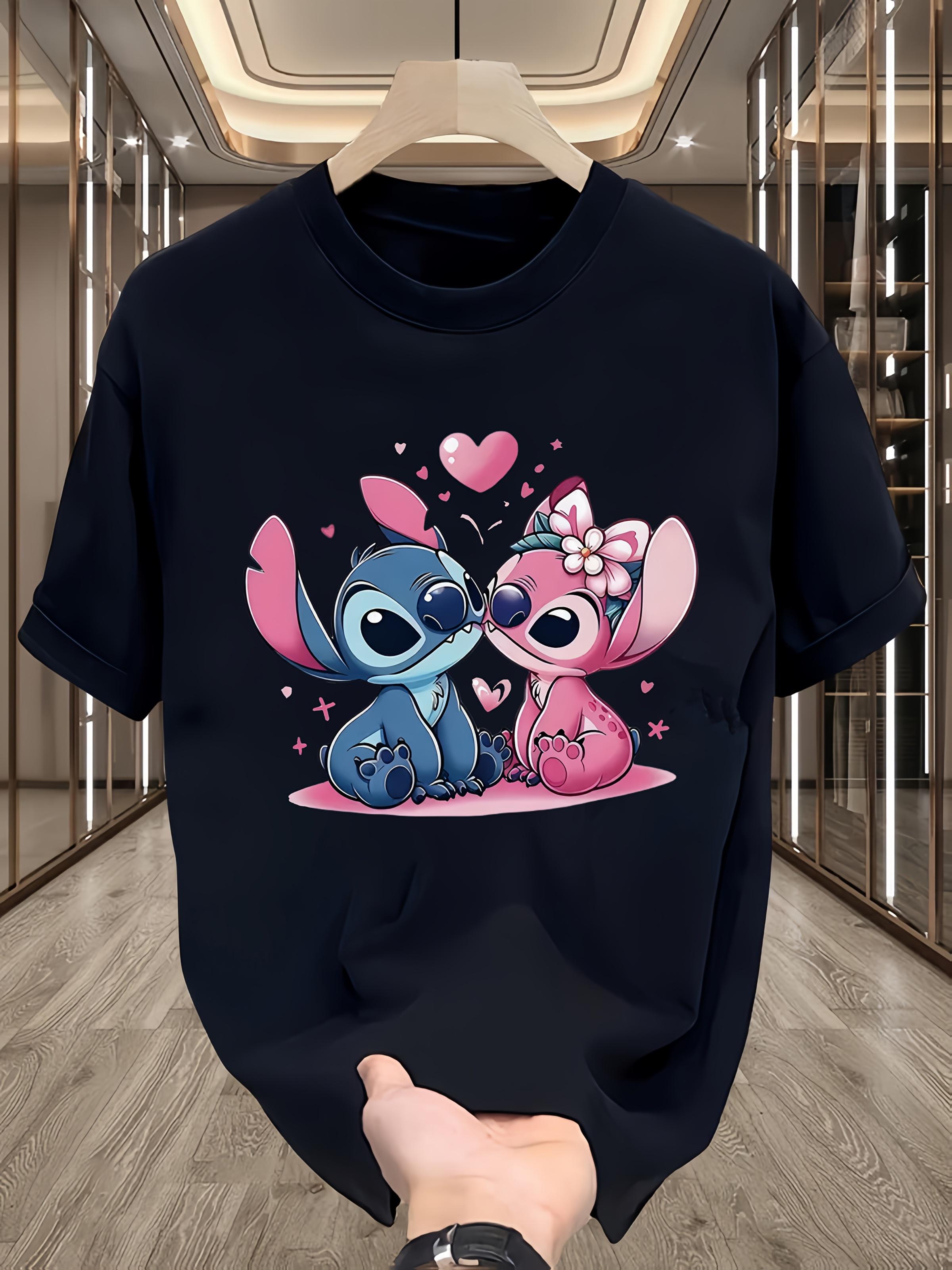 Stitch Graphic T-shirt - Black Casual Summer Tee with Pink Hearts & Stars S