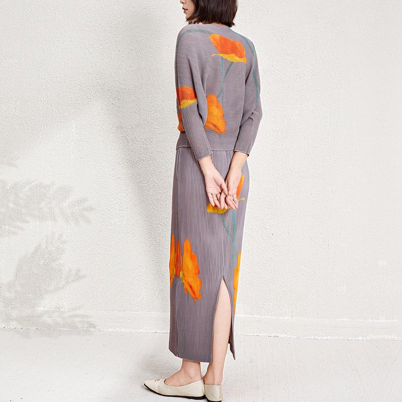 Mohnblumenmuster Damen Herbstmode Zweiteiler: Oberteil mit Fledermausärmeln & Midirock