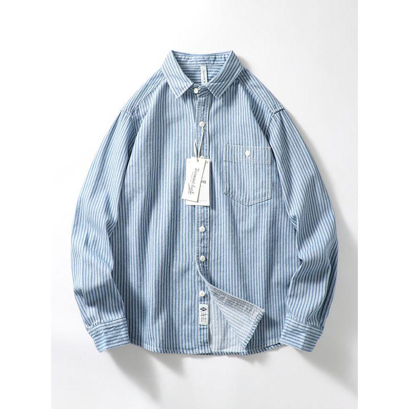Japanese Style Vintage Stripe Denim Shirt Jacket Men Trendy Brands Autumn Long Sleeve Export Men's Clothing Casual Work Clothes Shirt