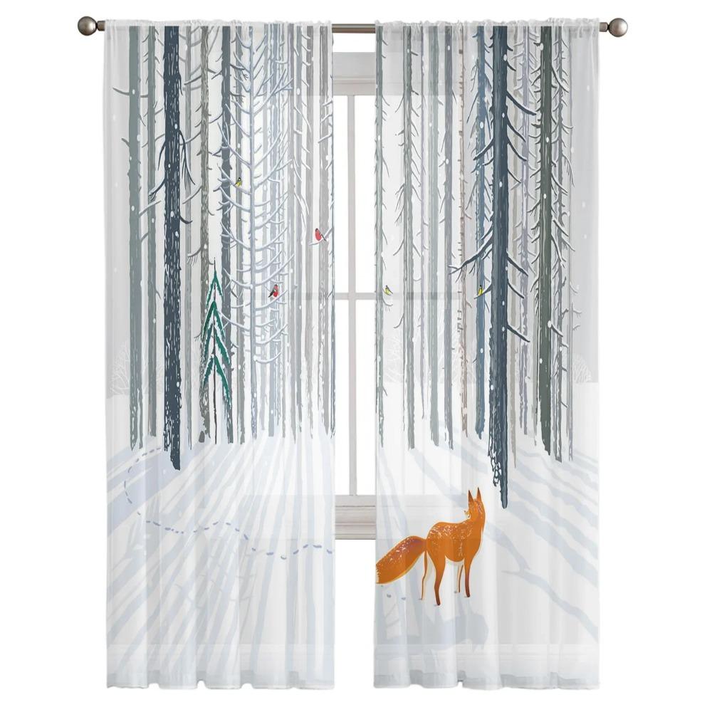 Animal Bird Fox Forest Winter Birch Tree Tulle Sheer Curtains for Living Room Bedroom Decor Window Curtain Voile Organza Drapes