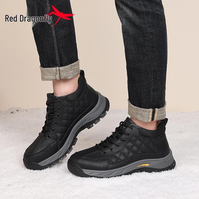 Red Dragonfly Men's High-Top Cold-Proof Winter Shoes - Warm Velvet Lining for Elderly and Middle-Aged Dads
