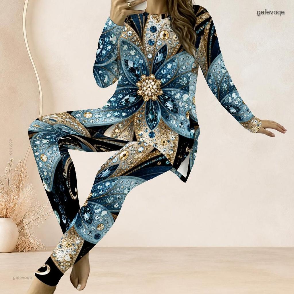 Women Plus Size Round Neck Long Sleeve Printed Longline Top Fitted Pants Two Piece Set Blue White