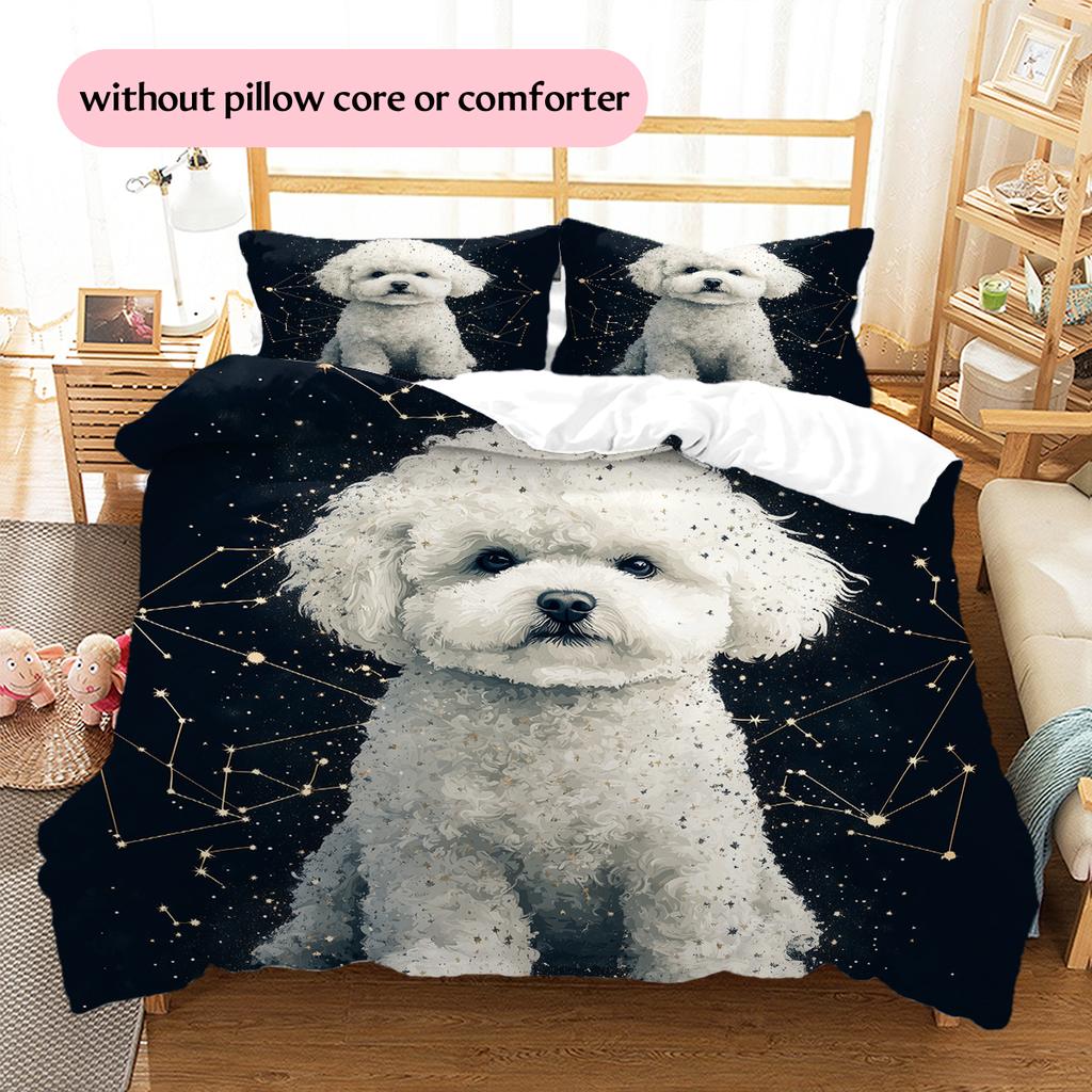 Schwarzes Bichon-Muster Bettwäsche Heimdekoration Geburtstagsgeschenk (1 Bettbezug + 2 Kissenbezüge, ohne Füllung)