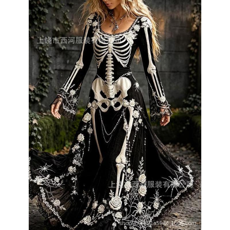 Abito da donna vintage gotico con teschio e rosa, motivo a gradiente, vestito lungo di Halloween con motivo a gradiente