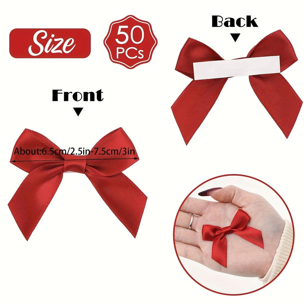 2.5-inch 50-pc Self-adhesive Ribbon Bow with Ribbon, for Gift Packaging, Double-sided Tape Pre-made Ribbon Bow, for Making Crafts