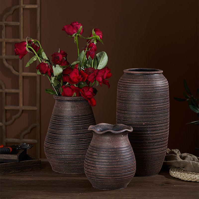 Zen-Style Rustic Pottery Vase for Dried Flowers and Succulents: New Chinese Retro Design