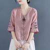 Retro Embroidered Plate Button Linen Cotton Shirt Women's Summer New Chinese Zen Tea Suit Loose Short V-neck Top