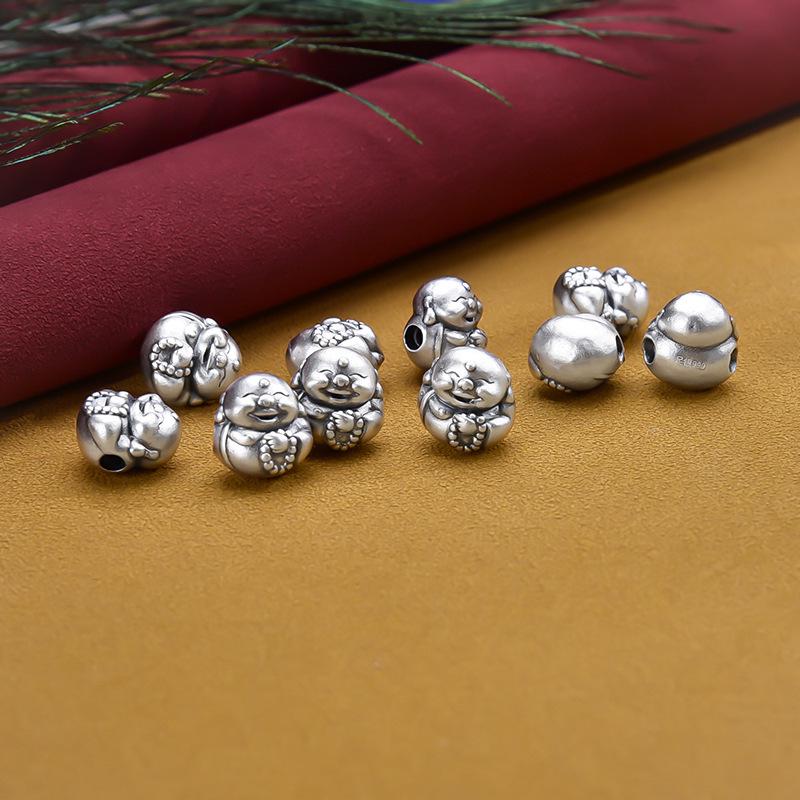 999 Sterling Silver Laughing Buddha Spacer Bead Pendant for Woven Bracelet DIY Crafts