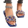 Fashion Summer Rhinestone Slippers Street Blue Leather Square Toe Flat Sandals Luxury Waterproof Outdoor Slippers Women Slippers Sandals