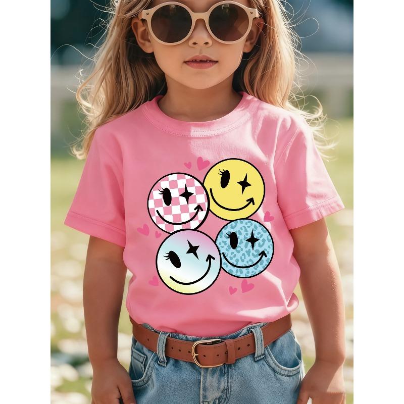 European sizes Summer Fashion Short-Sleeve T-Shirt for Girls Featuring a Checkered Pattern with Heart And Star Eye Cartoon Prints