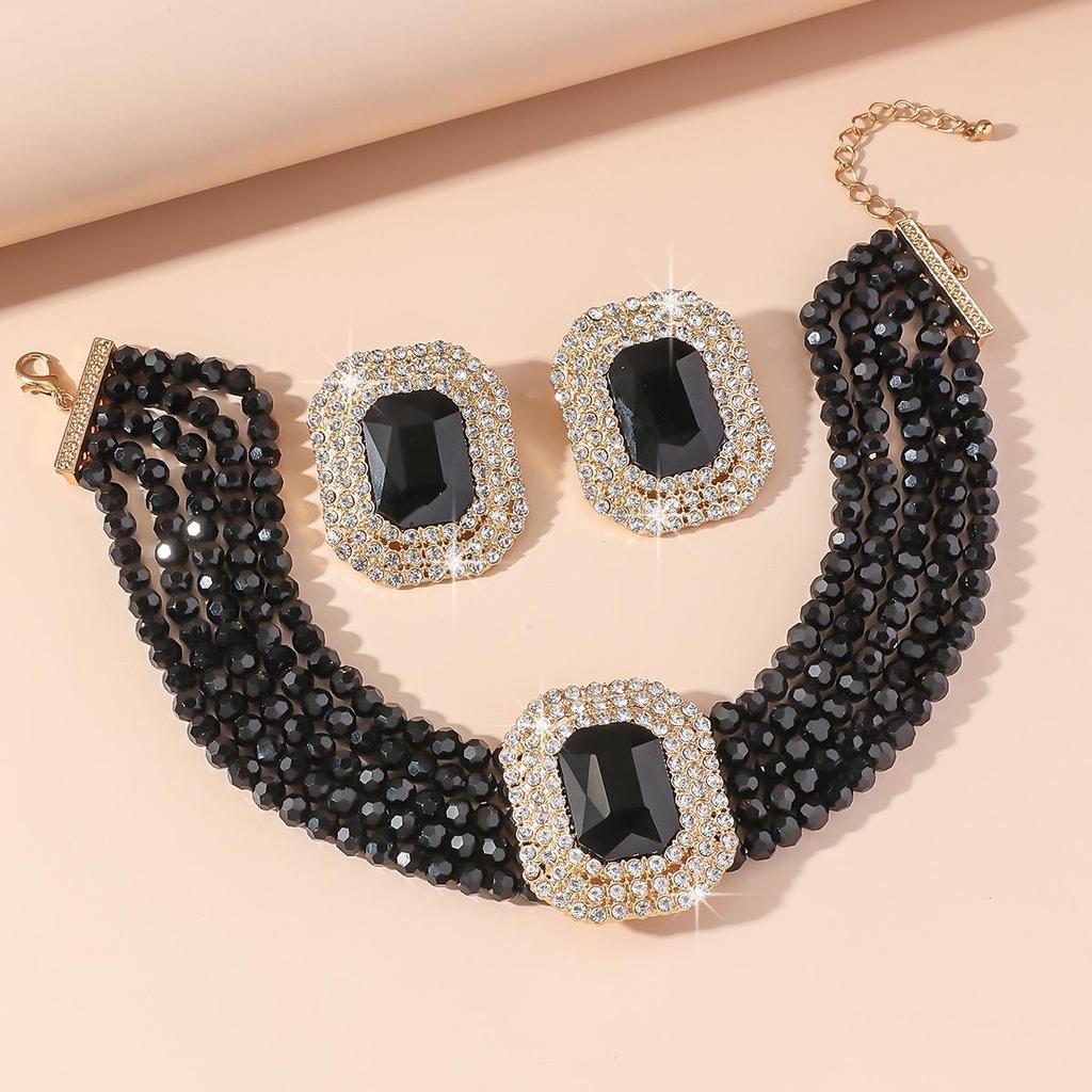 Set Colier Choker Geometric Rectangular din Sticlă de Cristal Multistrat de Lux și Cercei