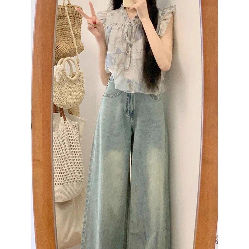 Petite Women's Retro High-Waisted Wide-Leg Flare Jeans - Summer Slimming Floor-Length