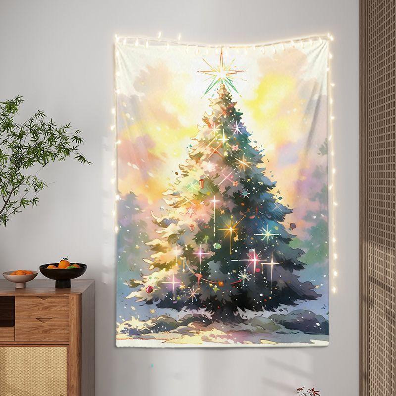 Red Hand Drawn Christmas Tree Wall Tapestry Merry Text Gift Snowflake Star Ornament Holiday Aesthetic Home Decor Bold Art