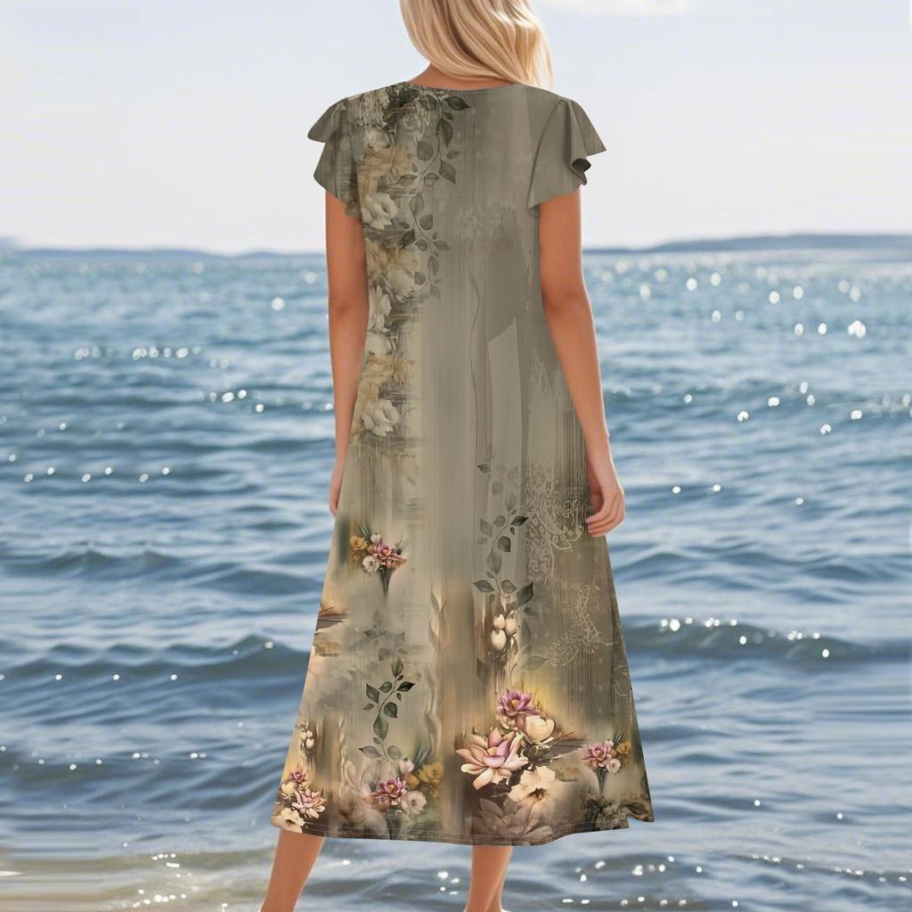 Ladies' Fashionable Summer Casual Pleated Sleeves, Loose Retro Floral Print, Short Sleeves, Round Tie, Pocket Beach Dress