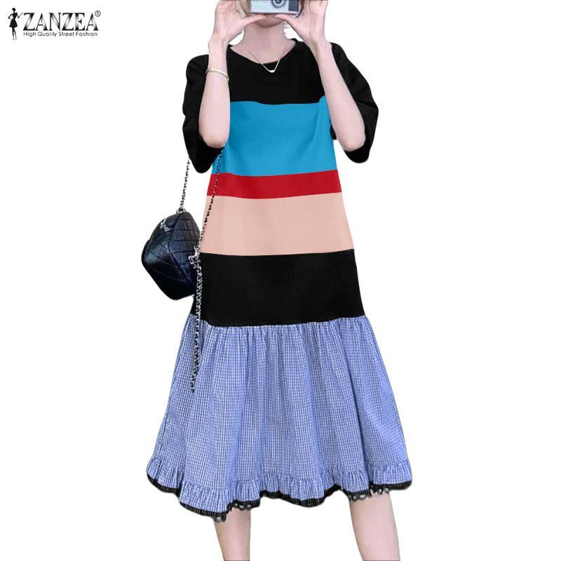 ZANZEA Women Casual Round Neck Summer Patchwork Short Sleeve Dress