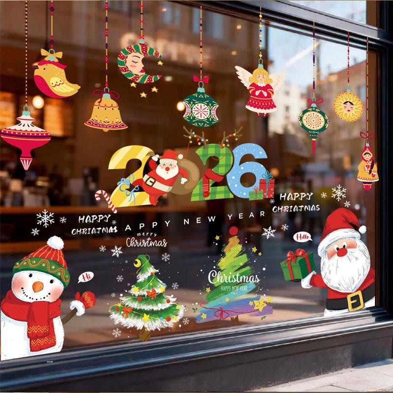 Christmas Window Stickers Happy New Year Decorative Glass Window Static Sticker Merry Xmas Santa Claus Shopping Center Ornament