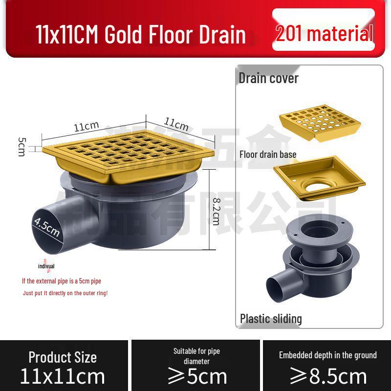 304 Stainless Steel European-Style Large Capacity Square Floor Drain with Sliding Side Drain.