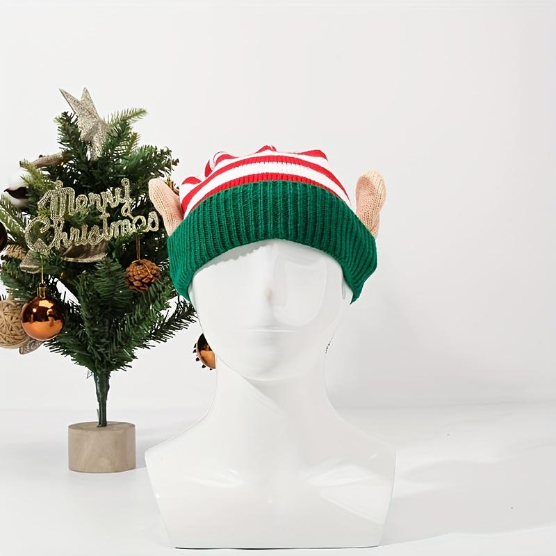 Winter Christmas Hat with Ears & Pom-Pom - Thick Warm Beanie, Red & Green Striped Holiday Party Hat with Pompom Tip