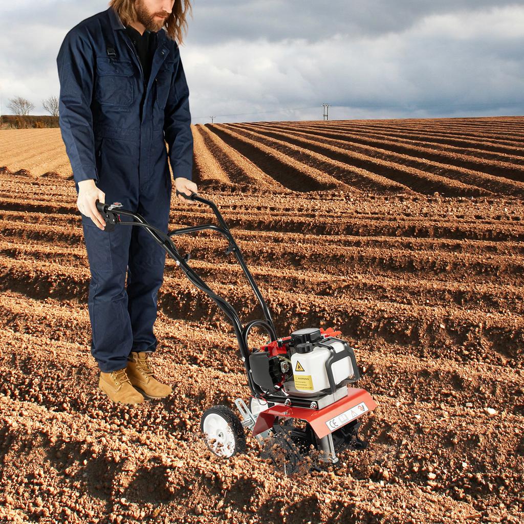 52CC Gas Powered Garden Tiller 2-Stroke Air-Cooled Hand Rotary Cultivator Rototiller for Trenching, Turning Soil, Loosening