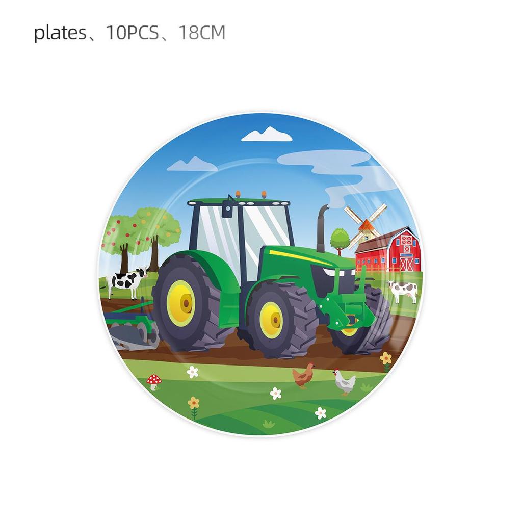Tractor Theme Birthday Party Supplies: Plates, Napkins, Cups, Tablecloth, Banners.