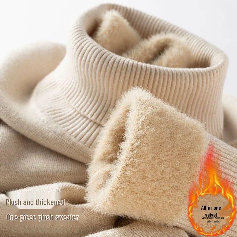 Pulover Tricotat pentru Bărbați, Mărimi Mari, cu Gât Înalt și Catifea Interioară - Îngroșat, Călduros, Casual, Strat de Bază pentru Iarnă