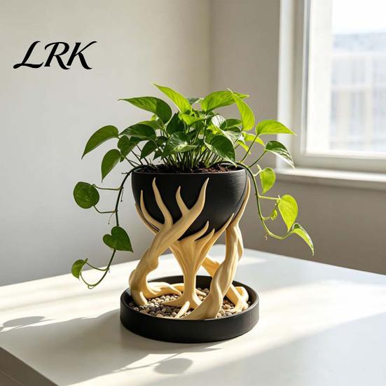 Desk Ornament for Plants 3D Printed Flower Pot with Tray, Modern Succulent Planter, Decorative Tree Bottom Sculpture Geometric Plant Vase Indoor
