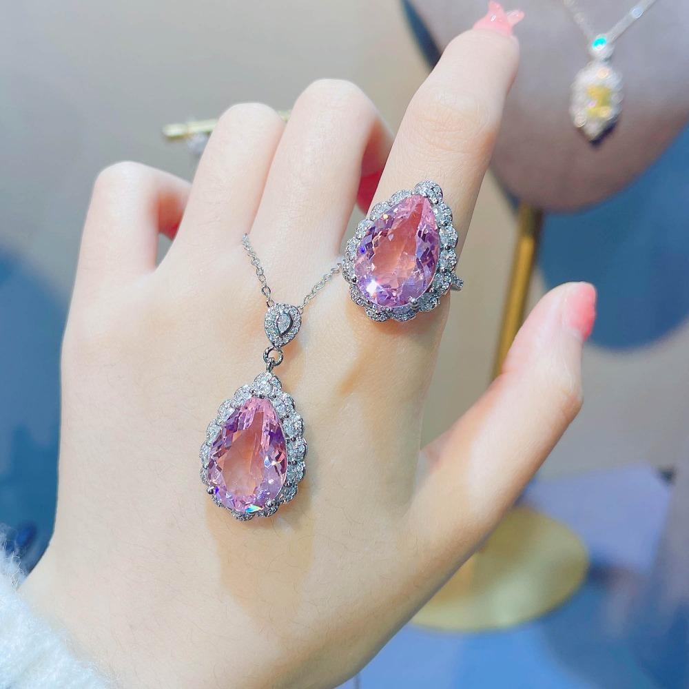 

7.5ct Nest Cut Drop Pink Morganite Pendant Adjustable Ring Women Jewelry Set
