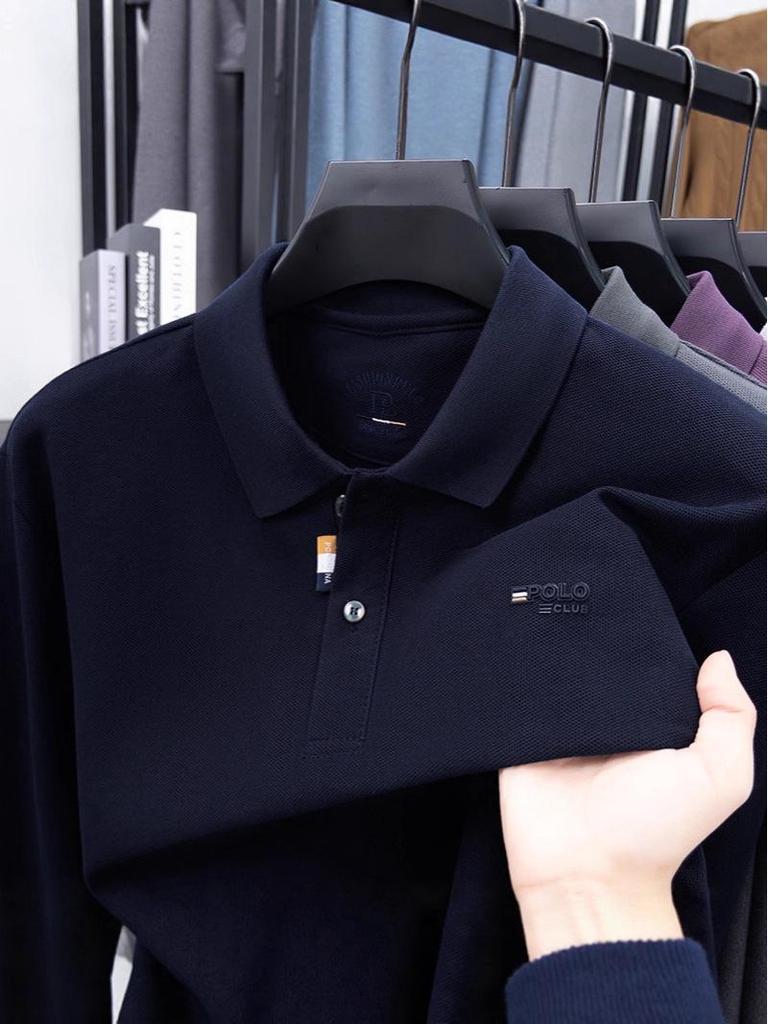 Men's Autumn Turn-Down Collar Long Sleeve Polo Shirt - Solid Color Embroidered & Loose Fit